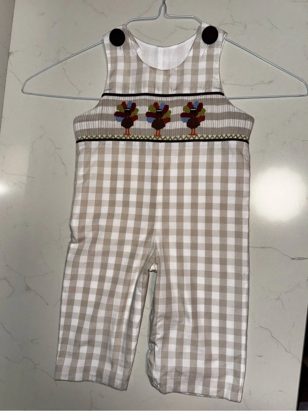 Hand Smocked Thanksgiving Turkey Longall Romper | Boys | Tan Gingham - Size 3M